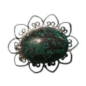 Vintage Sterling Silver Green Stone Brooch – Marked STERLING